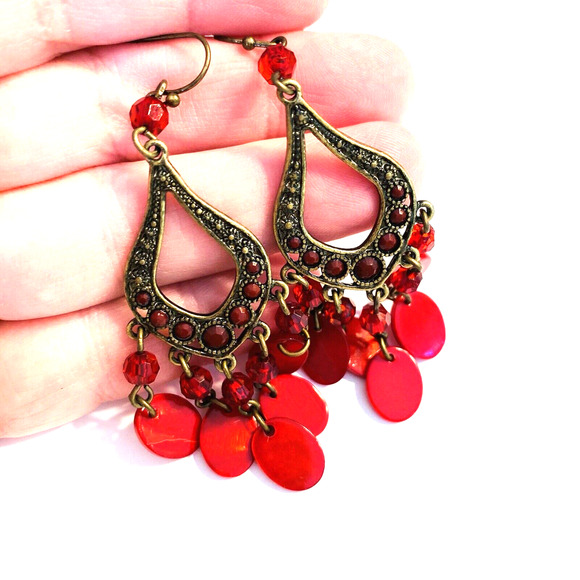 Boho Fashion Pierced Earrings Antiqued Goldtone Red Beaded Dangle Hoops Festival - Picture 3 of 6